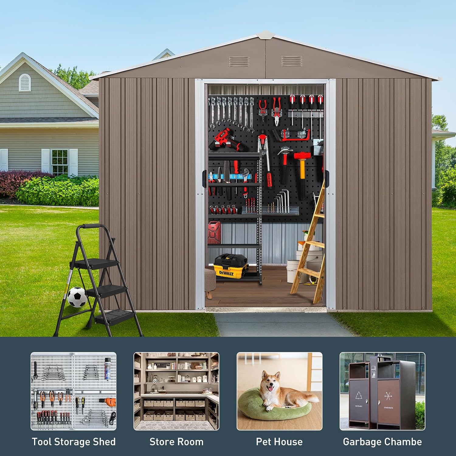 8 x 10 FT Outdoor Storage Shed, Metal Garden Shed with Floor Frame, Tool Sheds Outdoor Storage with Lockable Sliding Doors & Window & Air Vents, Storages House Waterproof for Backyard, Lawn, Gray