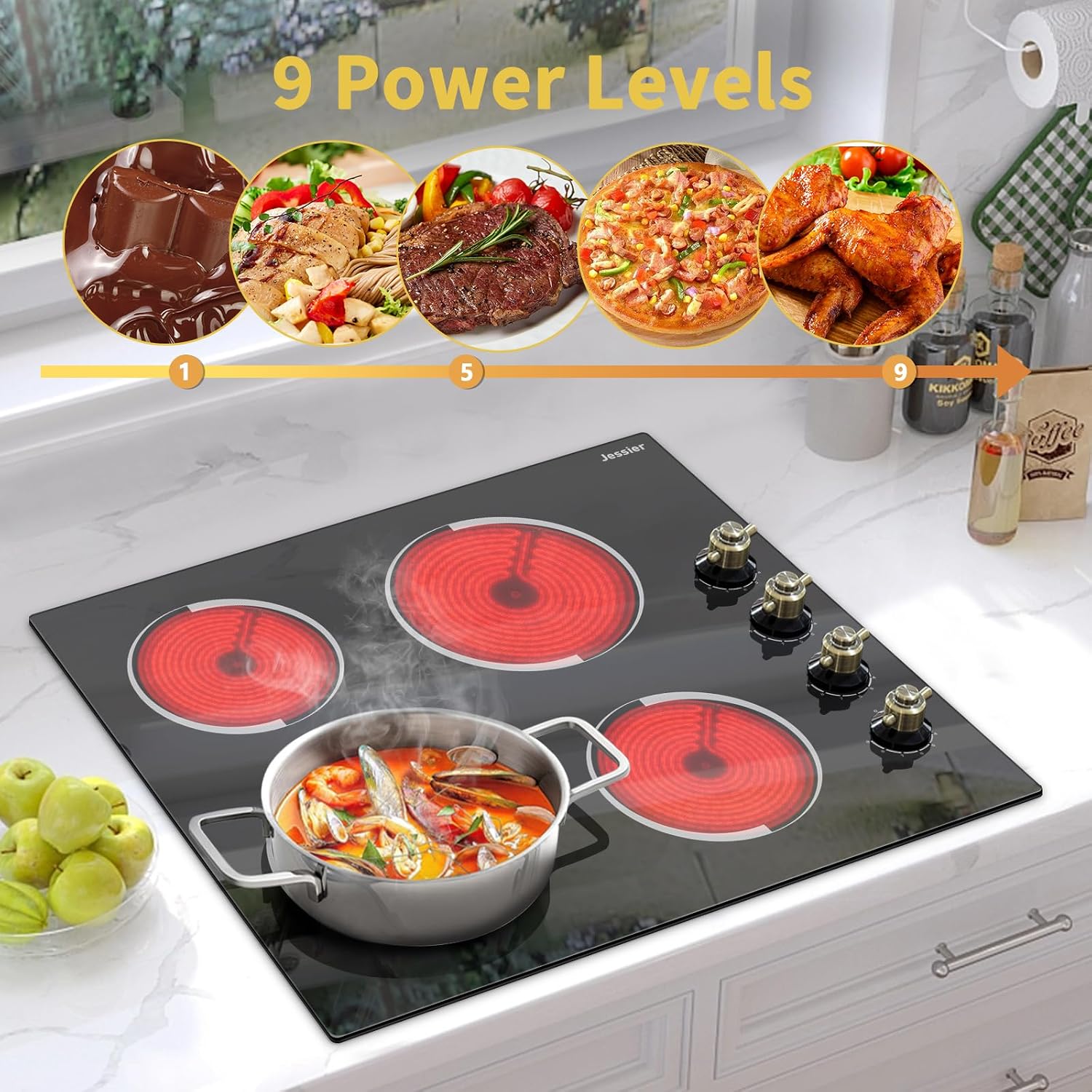 Electric Cooktop 24 Inch - 4 Burner Drop-in(22.05'x19.3') Radiant Electric Cooktop 6000W Knob Control, 220V Electrical Ceramic Stove Top, 9 Heating Levels, Residual Heat Indication (No Plug)