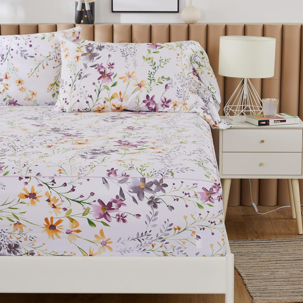 ABREEZE Floral Bedding Shabby Purple Print Bed Sheet Set Girls Bedding Set Luxury Bedding Collections 1000 Thread Count 100% Egyptian Cotton Deep Pocket Cal.King, 4 Pieces