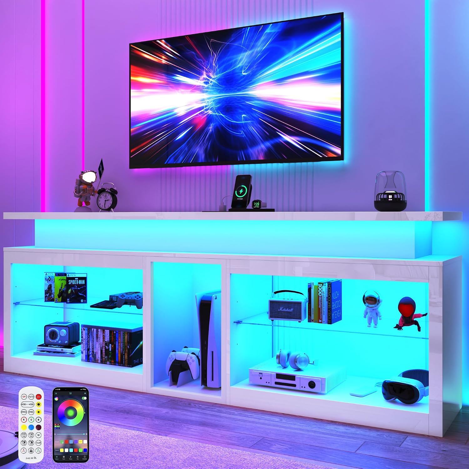 71' LED TV Stand with Power Outlet,60-Colors LED Lights For 65 70 80 in TV,High Gloss Gaming Entertainment Center w/Adjustable Shelves,White TV Console with Modern Design for Living Room Bedroom