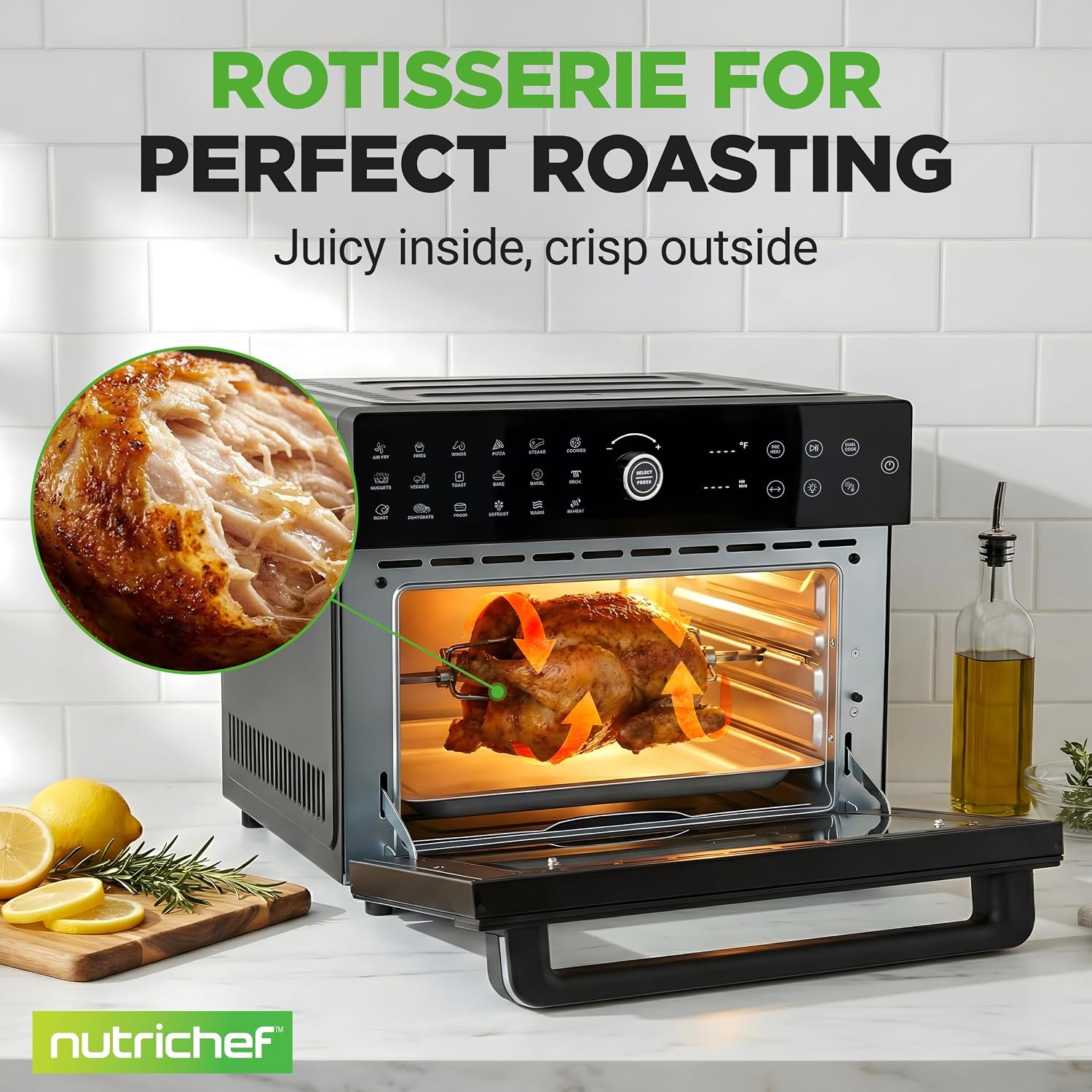 NutriChef 32 Quart Air Fryer & Oven | Digital Airfryer with 20 Presets, Dual Cook, Rotisserie, Bake & More | Multi-Function Convection Countertop Oven | Large Capacity | 18' x 17' x 14 | Black