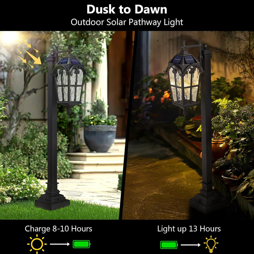 Emliviar Solar Pathway Light Outdoor, Garden Landscape Lighting Waterproof, 2700K LED Post Lamp with Remote Control, Black Pole Lantern with Water Ripple Glass, XE307PL-SL BK