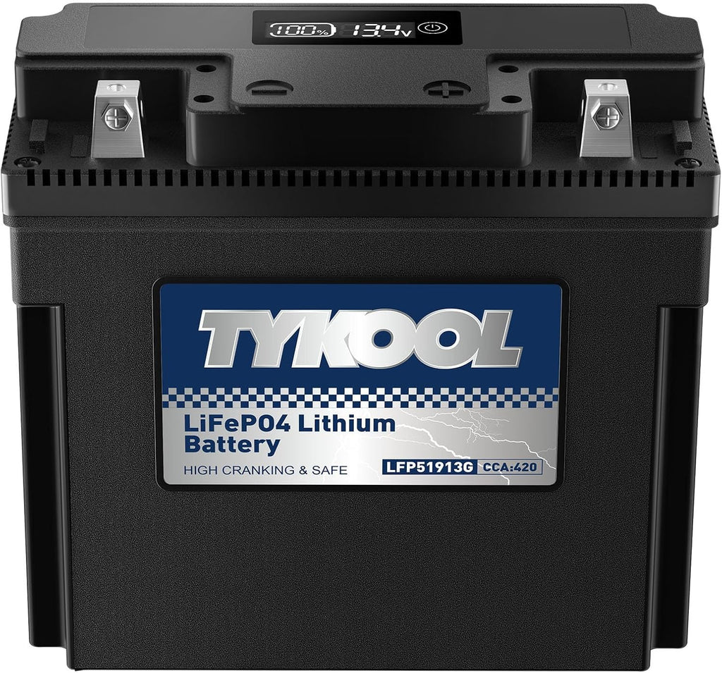 TYKOOL LFP51913G Lithium Motorcycle Battery, Replaces 51913 YT19BL-BS 51814, 420CCA 7Ah, Fits for BMW R1100GS R1100RT R850R K75RT K1200RS Moto Guzzi California 1100, IP66, LCD Monitor [- +]