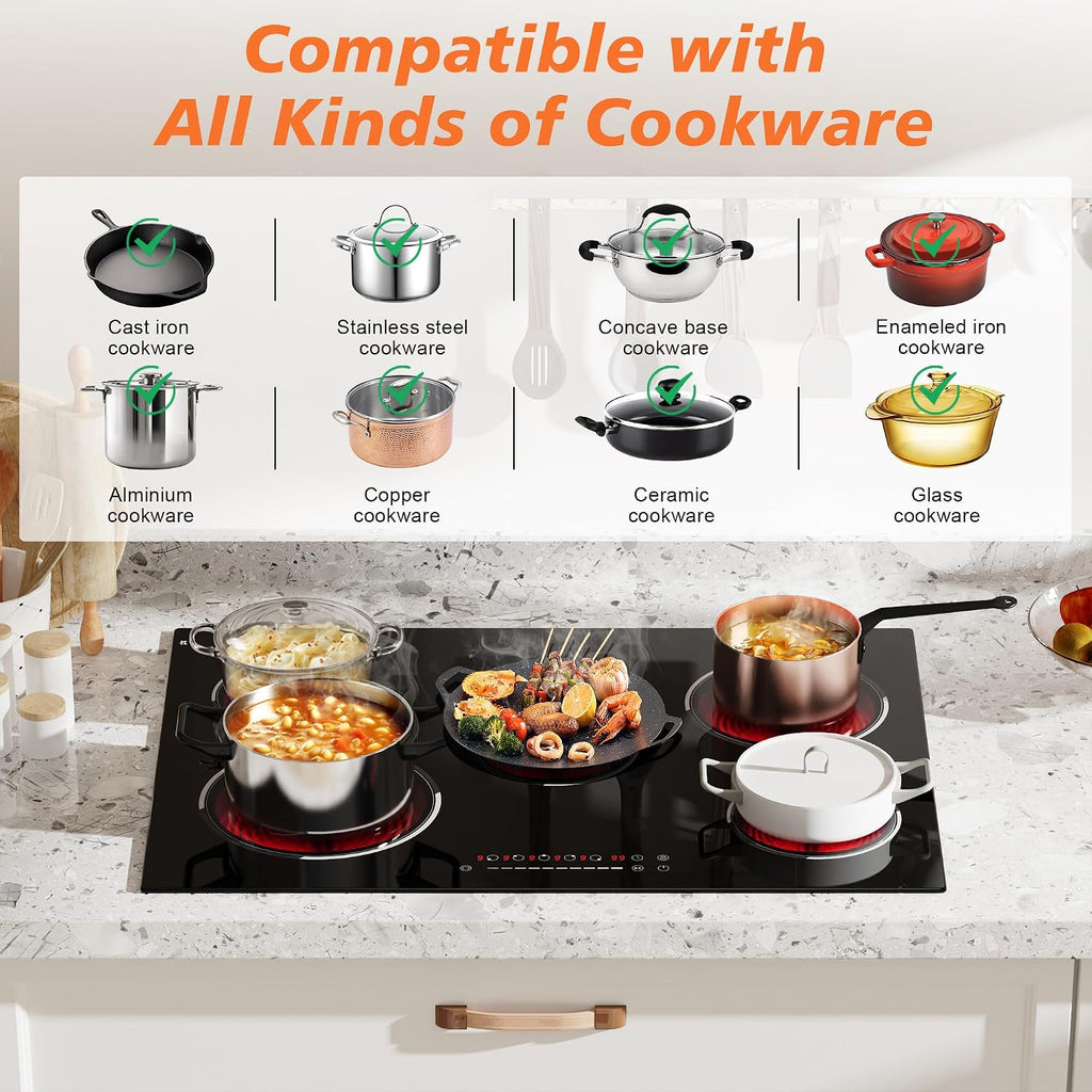 30 Inch Electric Cooktop, 5 Burner 8400W Built-in Electric Stovetop, Ceramic Cooktop with Expanded Zone, Slide Touch Control, Timer, Child Safety Lock, Pause, 220V - 240V Hard Wire, No Plug