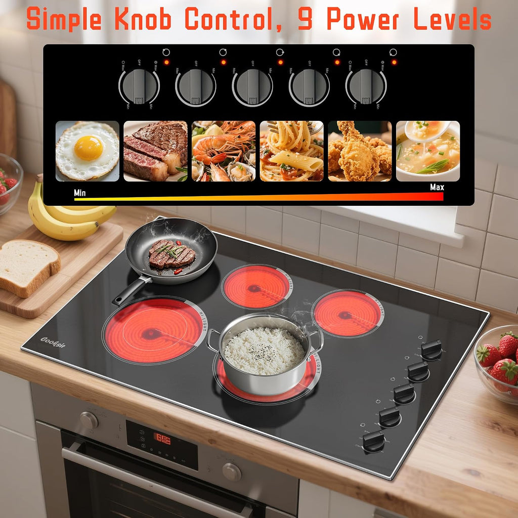 36 Inch Electric Cooktop - Built-in(34.25'x19.3') 5 Burner Electric Stove with 8400W High Power, 36' Large 5 Zones Radiant Ceramic Stove Knob Control, Residual Heat Indicator, 220V Hard Wired