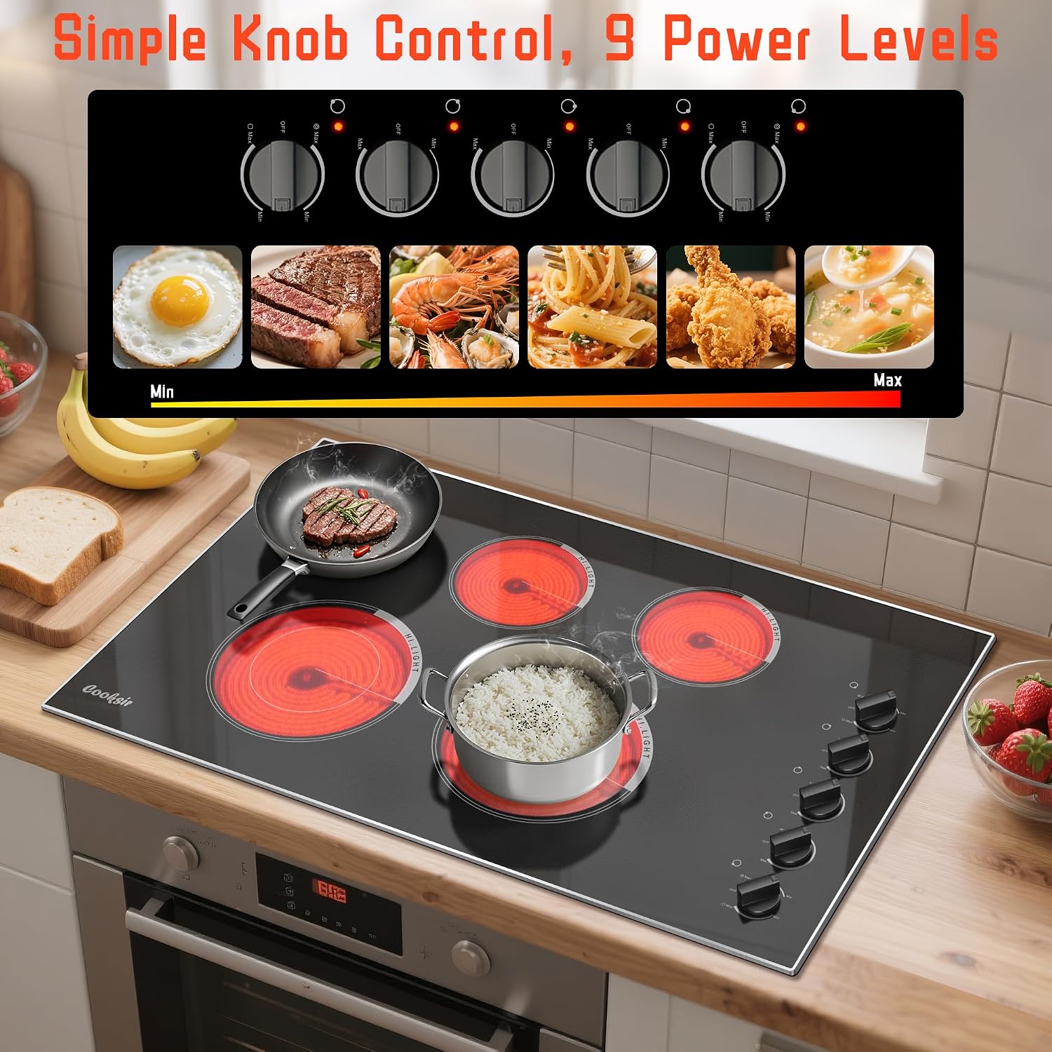 36 Inch Electric Cooktop - Built-in(34.25'x19.3') 5 Burner Electric Stove with 8400W High Power, 36' Large 5 Zones Radiant Ceramic Stove Knob Control, Residual Heat Indicator, 220V Hard Wired