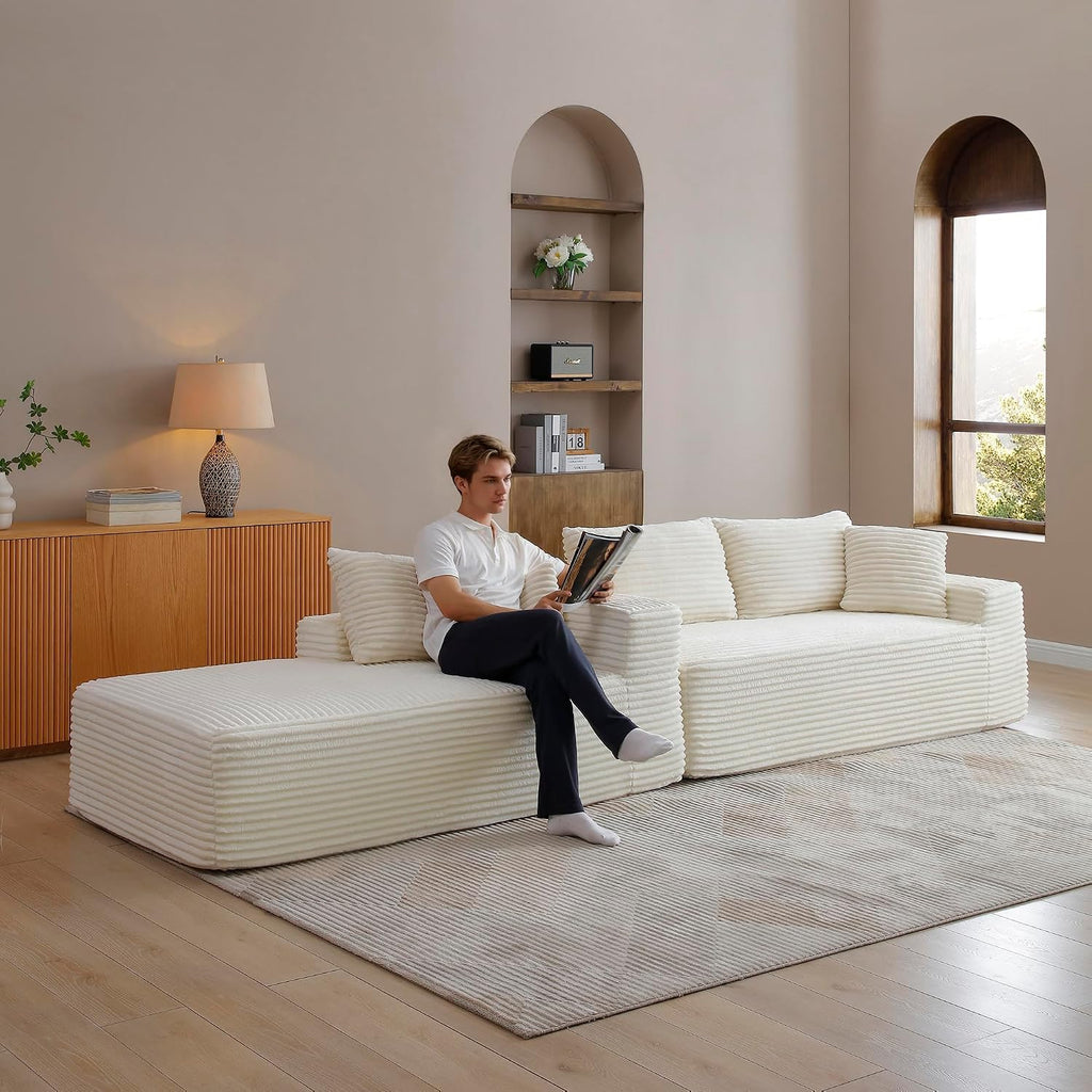 Modular Sectional Sofa Couches, 105' L-Shaped Cloud Boneless Couch with Left Chaise Lounge for Living Room | No Assembly Required | Corduroy Fabric, Beige