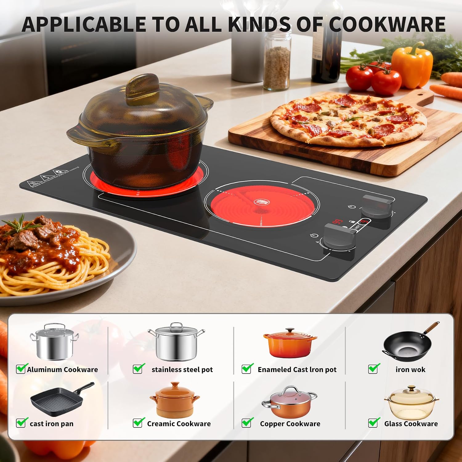 GIHETKUT Electric Cooktop,110V 2100W Stove top,9 Power Levels, Kids Lock & Timer, Hot Surface Indicator, Overheat Protection,knob and touch control 2 burner Electric cooktop