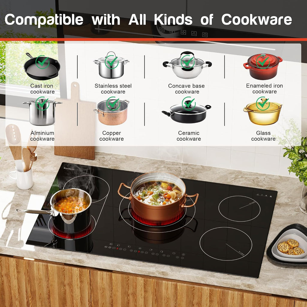 Karinear 36 Inch Electric Cooktop, 5 Burners Electric Stove Top, Flexible Bridge &Triple Ring Expandable Burners, Pause, Timer, Child Safety Lock, 9600W Built-in Ceramic Cooktop for 220-240V Hard Wire