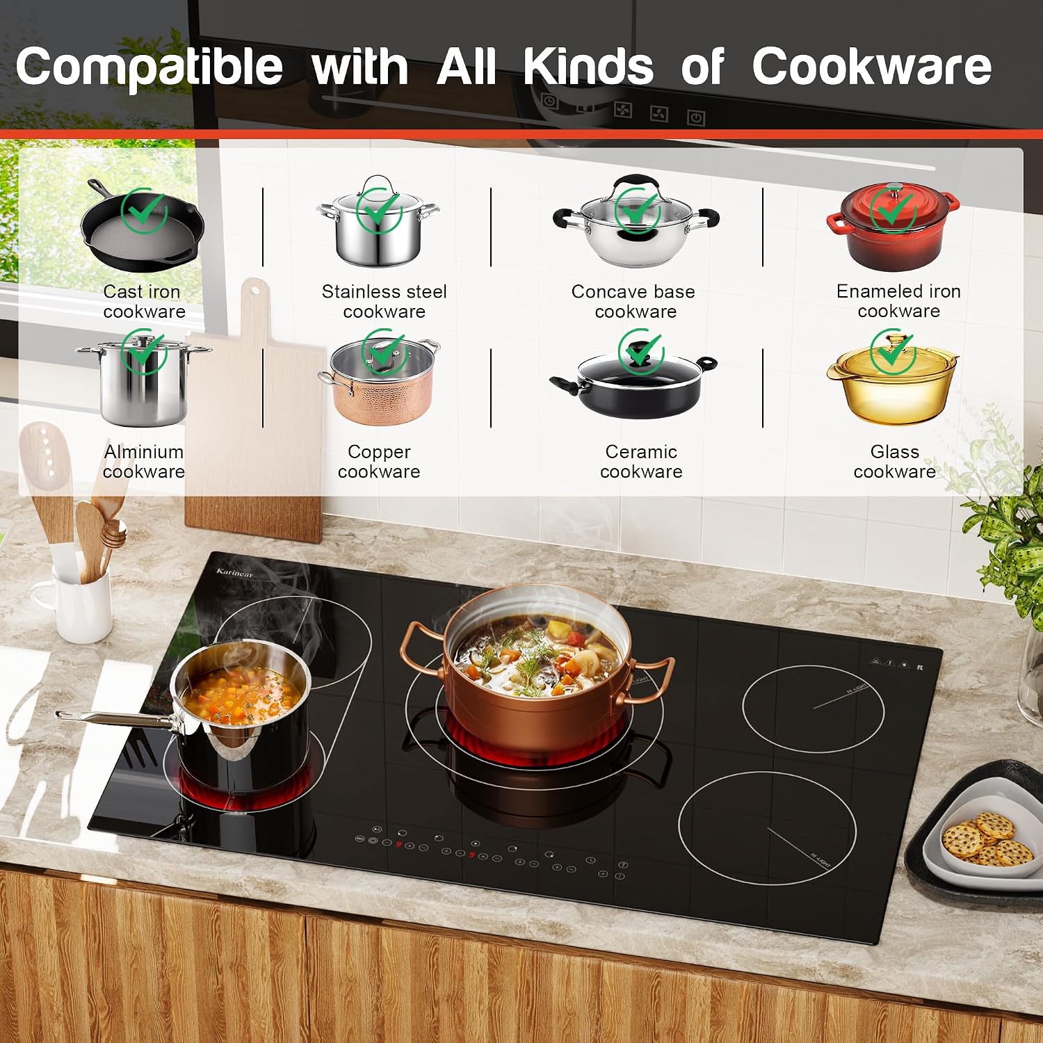 Karinear 36 Inch Electric Cooktop, 5 Burners Electric Stove Top, Flexible Bridge &Triple Ring Expandable Burners, Pause, Timer, Child Safety Lock, 9600W Built-in Ceramic Cooktop for 220-240V Hard Wire