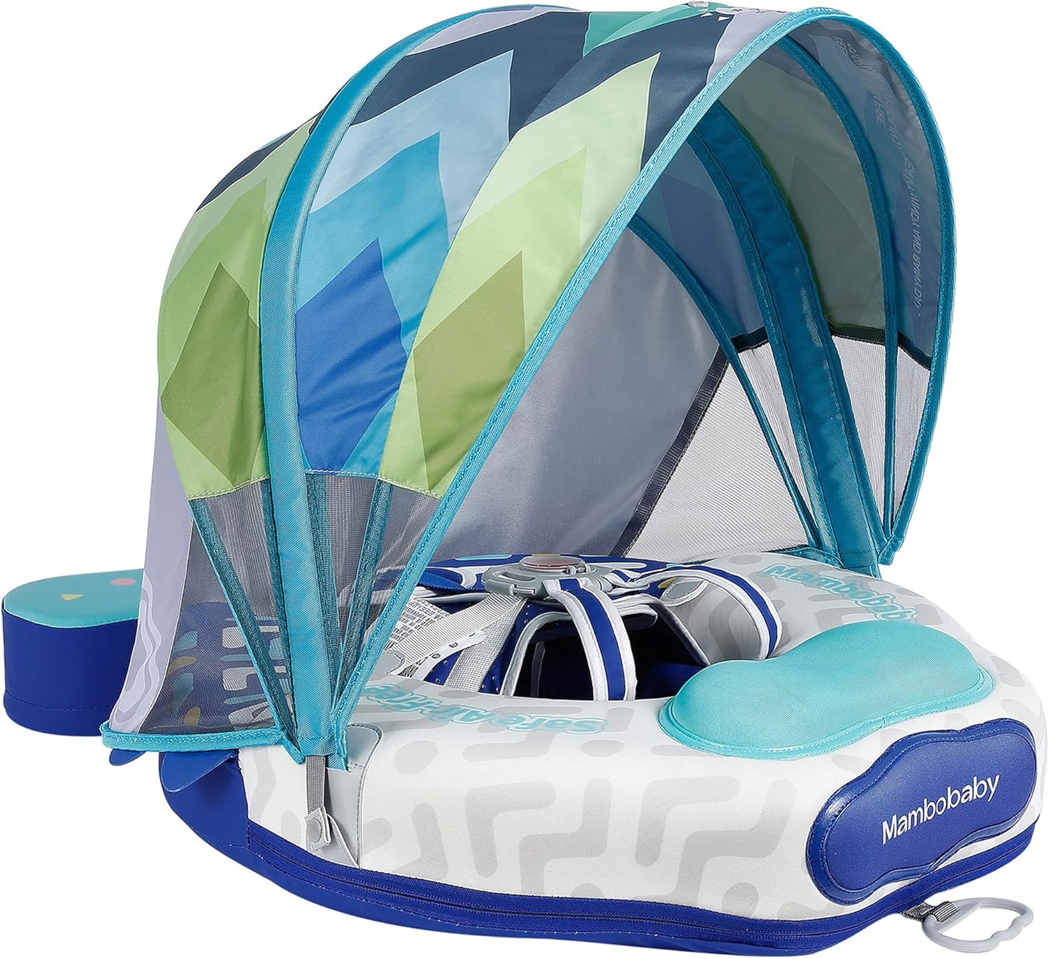 Mambobaby Float Upgrade Add Tail Baby Float with Canopy for Infant Waist Swimming Ring Swim Trainer Non-Inflatable Floats Toys with Adjustable Safety Strap (Blue - Colorful Fish)
