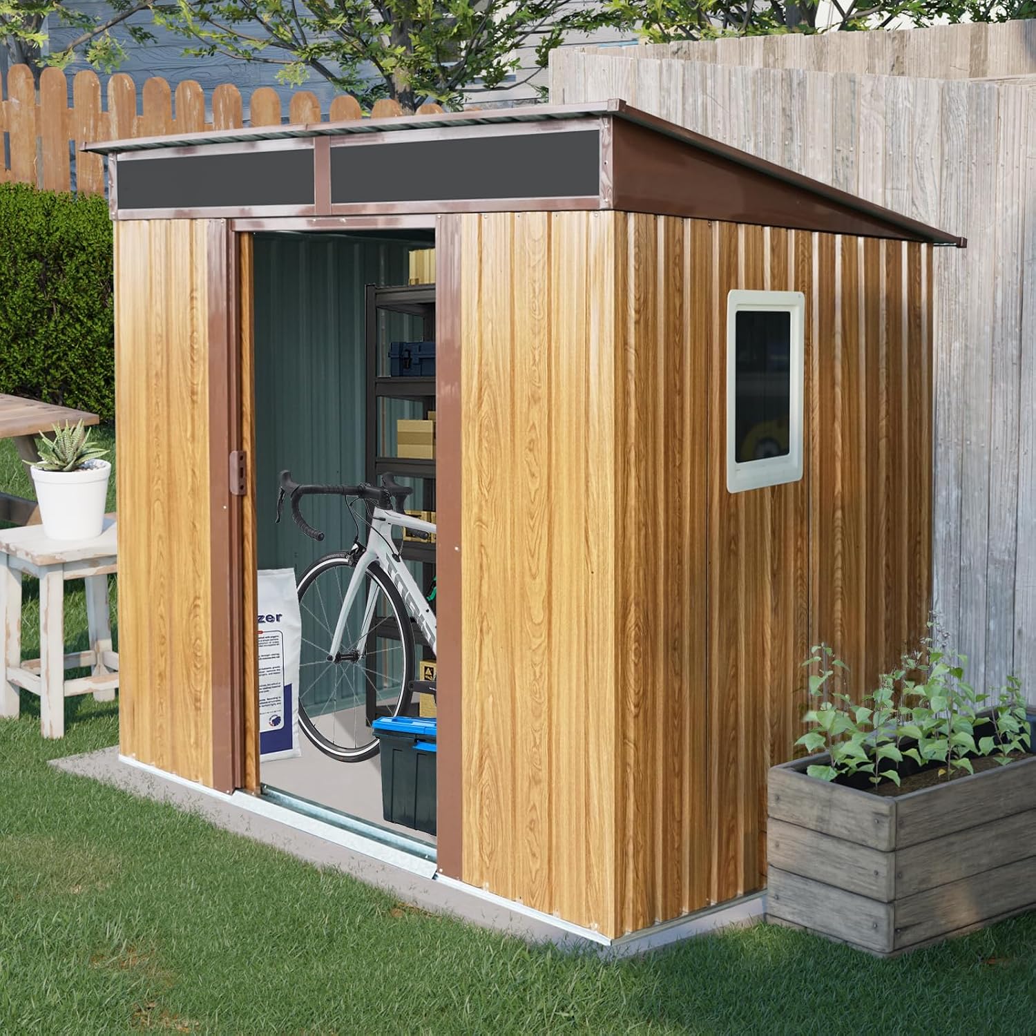 6x5 FT Outdoor Storage Shed, Metal Garden Shed with Frame Floor, Outside Tool Shed with Window, Waterproof Storage Building with Lockable Sliding Doors & Sloped Roof for Backyard, Patio, Lawn, Coffee