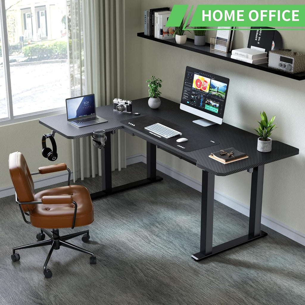 X-Win 63 Inches L-Shaped Electric Standing Desk, Dual Motor Height Adjustable Stand Up Corner Desk, Sit to Stand Workstation, Carbon Fiber Top