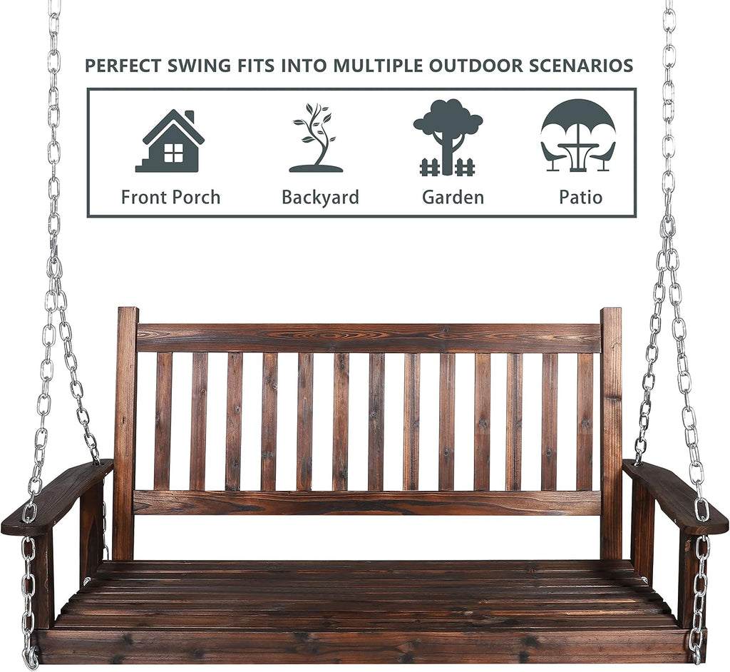 MUPATER Outdoor Patio Hanging Wooden Porch Swing 5FT with Chains, 3-Person Heavy Duty Swing Bench for Garden and Backyard, Rustic