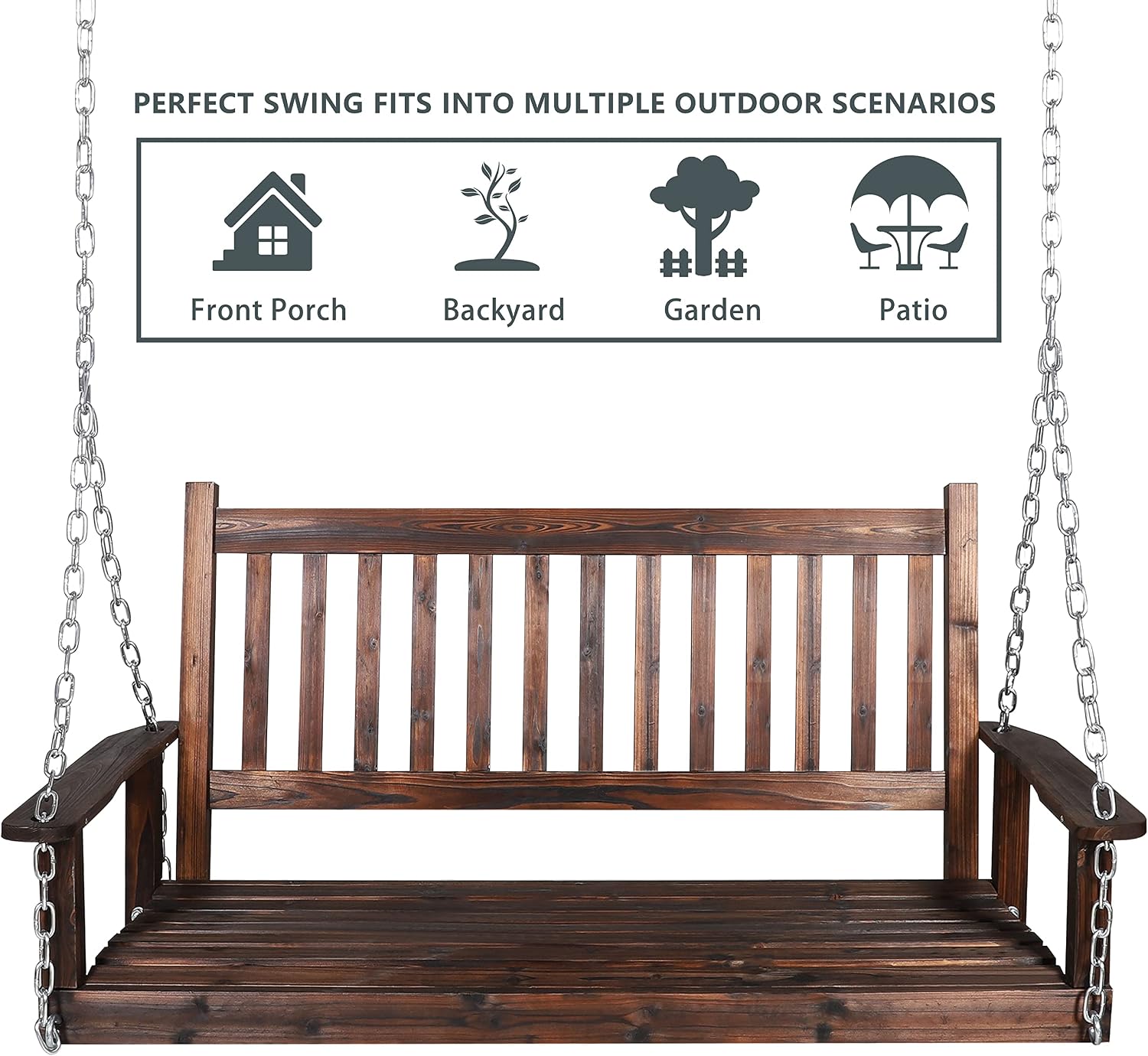 MUPATER Outdoor Patio Hanging Wooden Porch Swing 5FT with Chains, 3-Person Heavy Duty Swing Bench for Garden and Backyard, Rustic