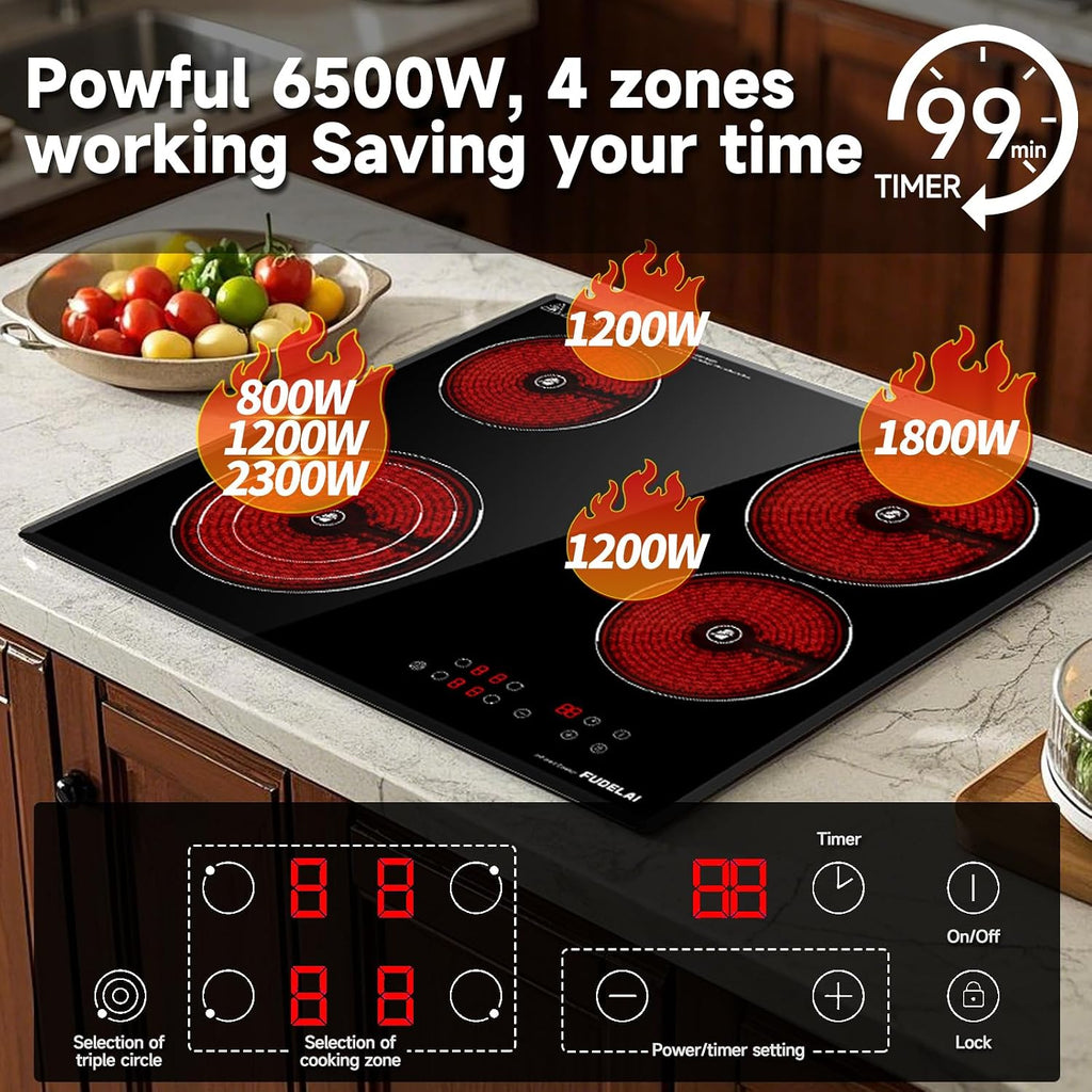24 Inch Electric Cooktop 4 Burners,6500W 24' Electric Ceramic Cooktop with Child Lock & Auto Safety, Built-in/Countertop Infrared Cooker, 9 Power Levels, Easy-Clean Glass (No Plug)