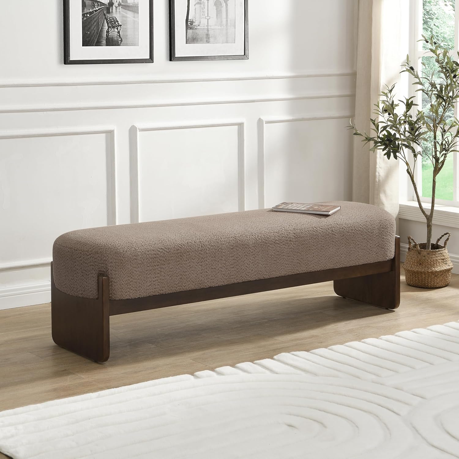 Christopher Knight Home Arden Minimalist Style Rectangular Loop Yarn Fabric Ottoman Bench, Rubberwood Frame, Entryway Bench, Living Room Sofa Extra Seat, End of Bed Footstool, Brown+Brown