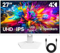 CRUA 27' 4K White Monitor, UHD(3840x2160P) IPS Panel, 60Hz Computer Monitor, Supports AMD Freesync, USB Type-C, 120% sRGB, Built-in Speakers, Wall Mountable, for Work, Streaming, and Home Office