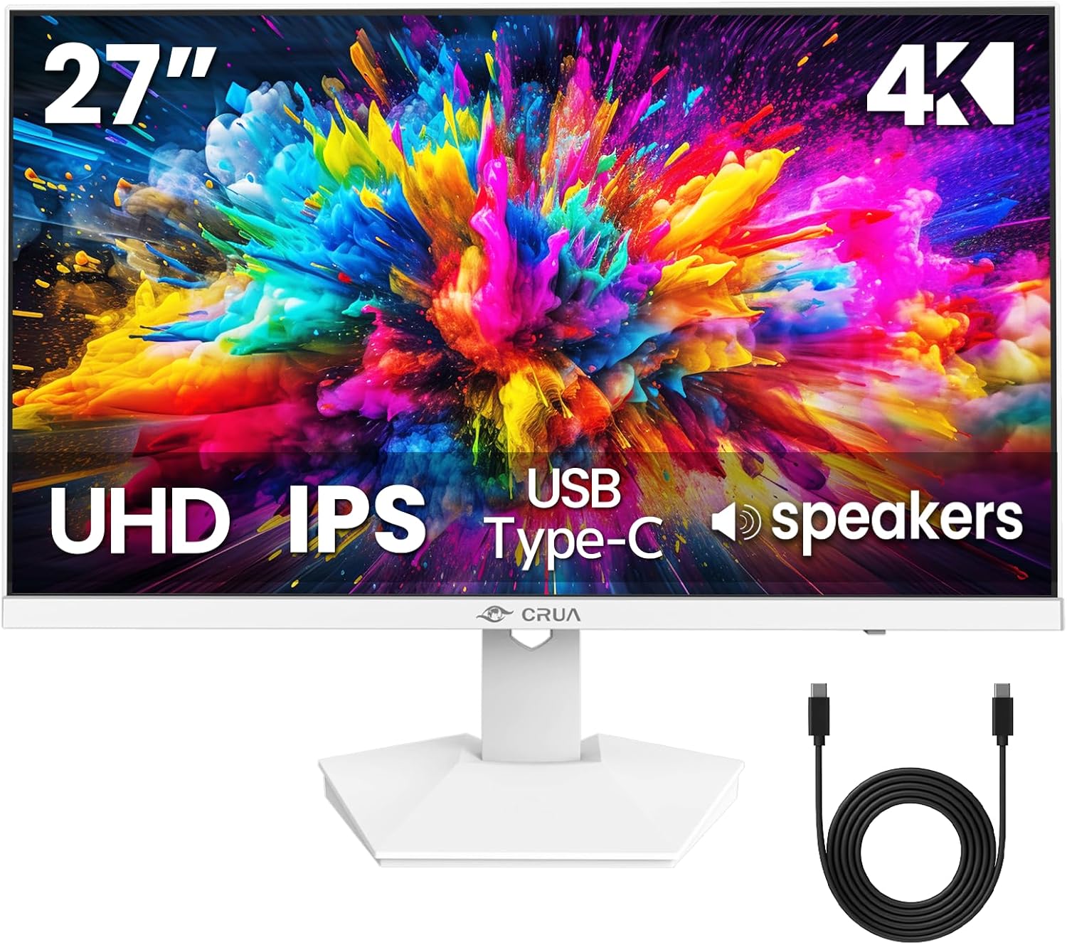 CRUA 27' 4K White Monitor, UHD(3840x2160P) IPS Panel, 60Hz Computer Monitor, Supports AMD Freesync, USB Type-C, 120% sRGB, Built-in Speakers, Wall Mountable, for Work, Streaming, and Home Office