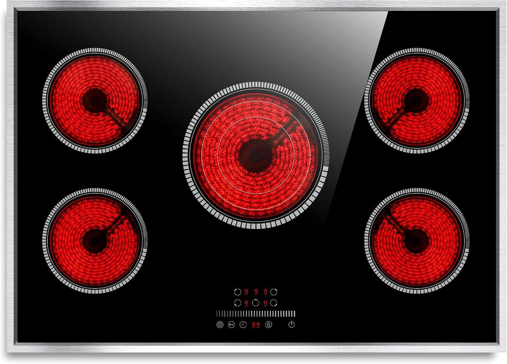 30 Inch Electric Cooktop, 5 Burner Electric Stove Top 6900W, 30' Built-In Ceramic Countertop with Metal Frame, Child Lock, Timer, Slide Control, 220-240V Hardwired (No Plug)
