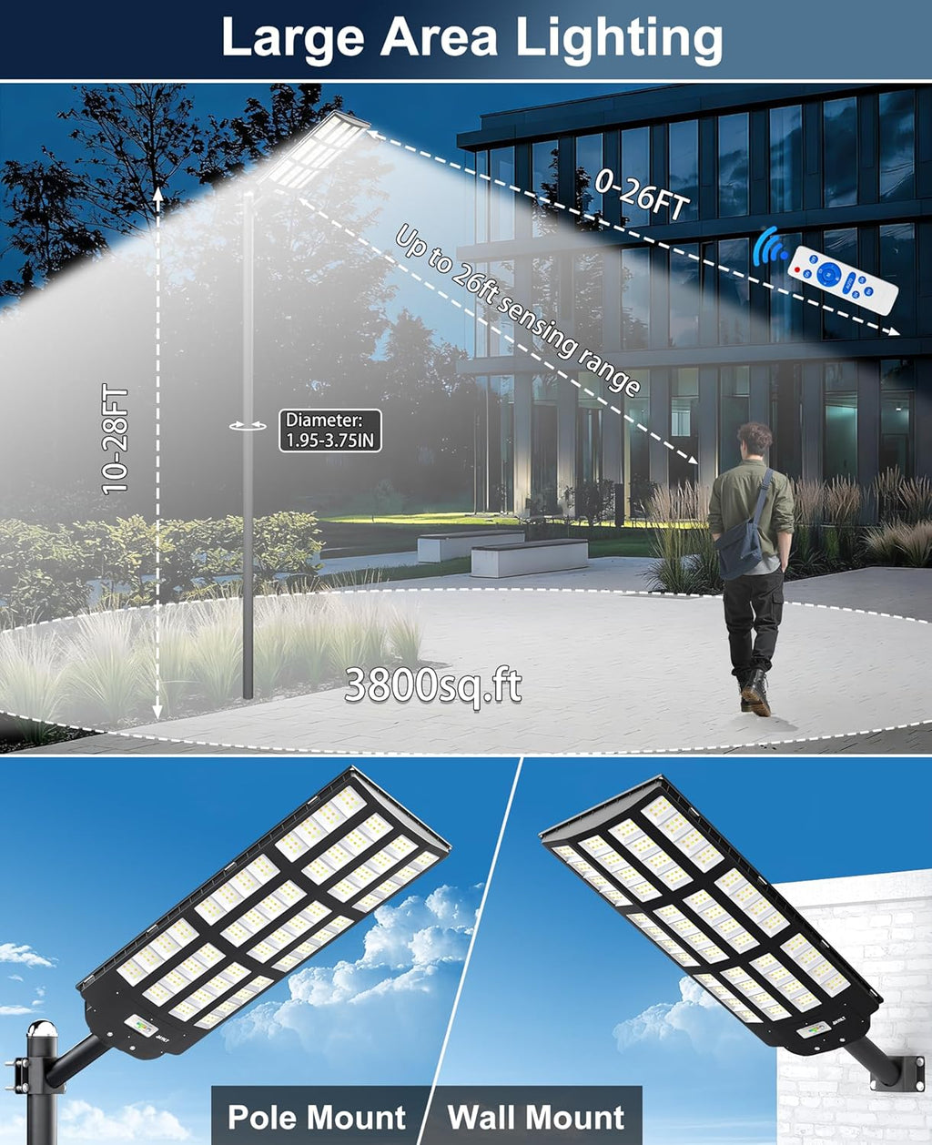 JAYNLT Y-12000W Solar Street Lights Outdoor,3000K/4000K/6500K Commercial Parking Lot Lights Dusk to Dawn,Solar Flood Lights Outdoor for Basketball Court, Yards, Driveways, Farms