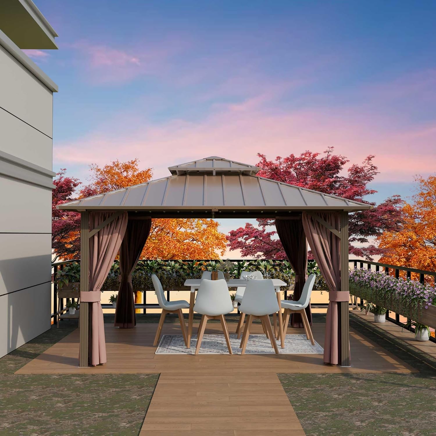 10'x14' Hardtop Gazebo, Outdoor Aluminum Frame Galvanized Steel Double Roof Pavilion with Netting and Shaded Curtains, Permanent Metal Pergolas for Patio, Backyard, Deck and Lawns.