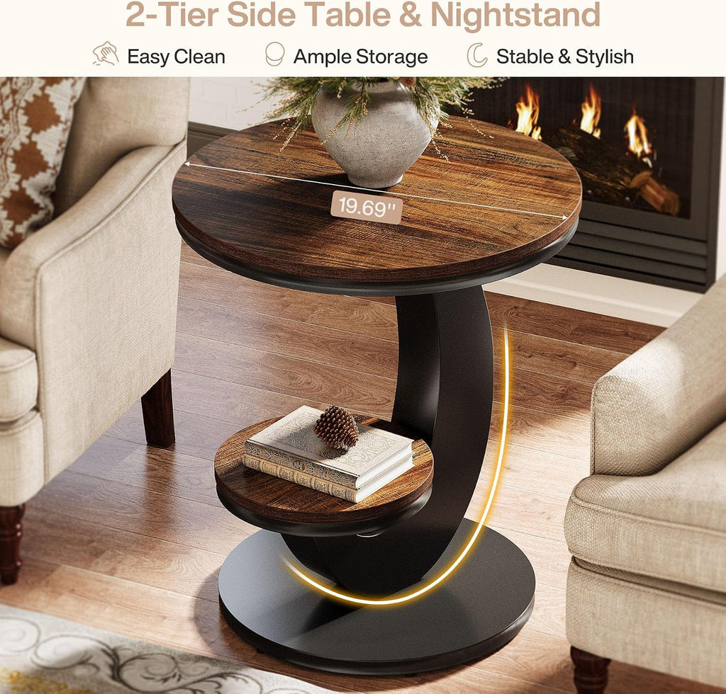 Tribesigns Round End Table Set of 2, 2 Tiers Side Table with Storage Shelf, Sofa Side Bedside Nightstand with Rustic Wood and Metal Arc-Shaped Frame for Small Spaces, Living Room, Bedroom (2PCS)