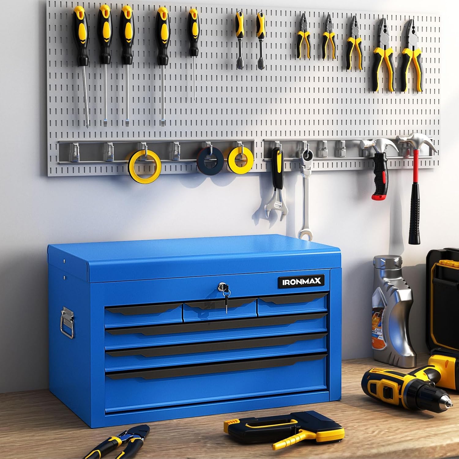 ERGOMASTER Steel Tool Box, 24'' Metal Tool Box with 6 Drawers, Lockable Heavy Duty Tool Chest Cabinet Storage Toolbox for Garage, Workshop, Repair Shop (Blue-6 Drawers)