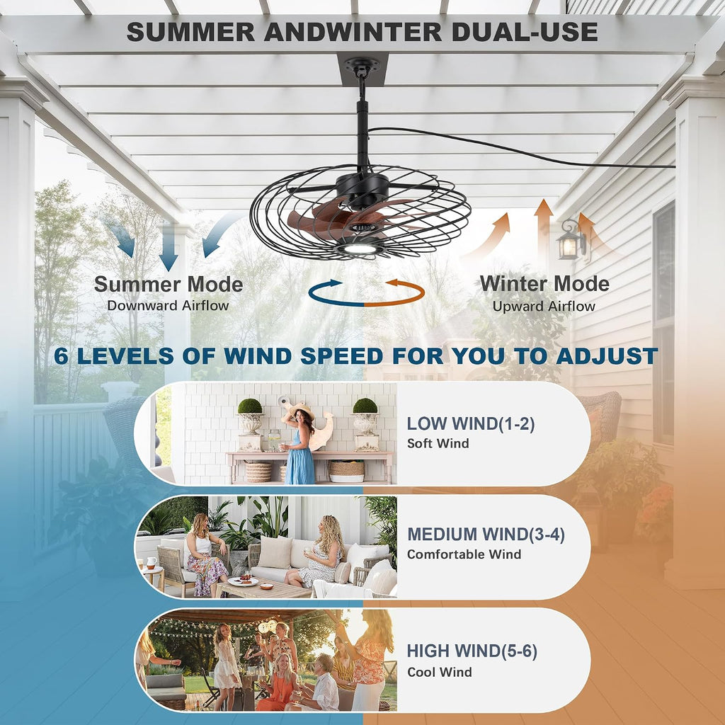 20' Outdoor Ceiling Fan with Light, Waterproof Gazebo Fan Remote Control, Dimmable LED Light, Hanging Black Caged Ceiling Fixtures with Plug in Cord for Patios Pergola