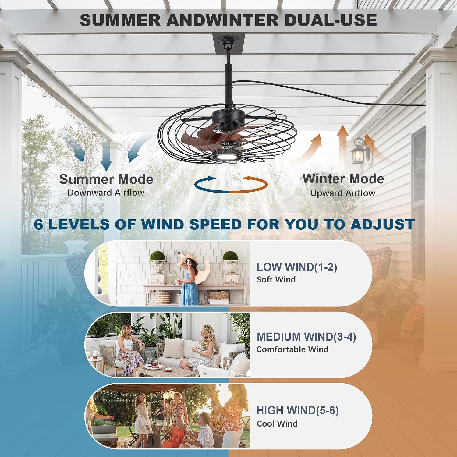20' Outdoor Ceiling Fan with Light, Waterproof Gazebo Fan Remote Control, Dimmable LED Light, Hanging Black Caged Ceiling Fixtures with Plug in Cord for Patios Pergola