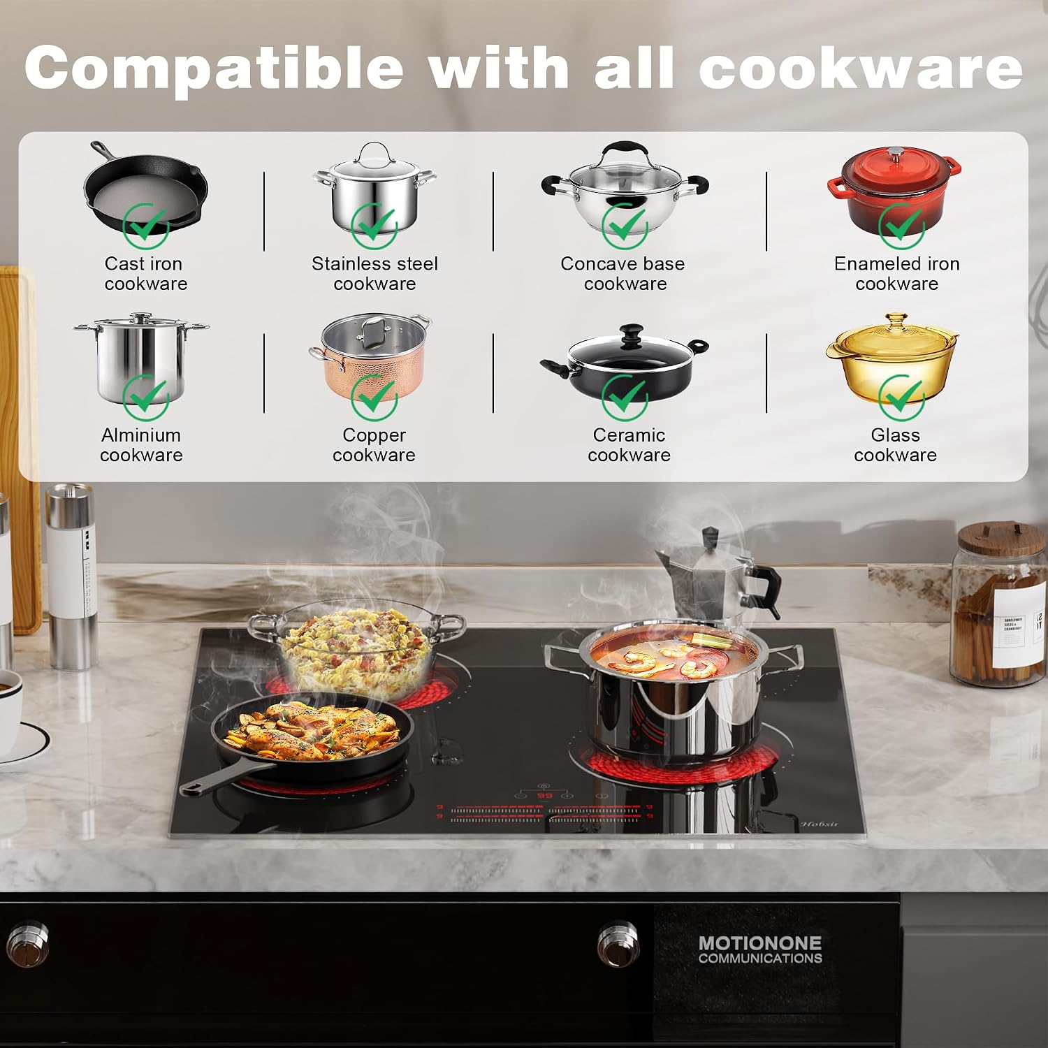 Hobsir 24 Inch Electric Cooktop 4 Burner 6000W, 24' Radiant Electric Stove Top, Built-in Ceramic Stove Top with Sliding Control, Timer, Safety Lock, 9 Power Levels, 220V-240V Hard Wire (No Plug)