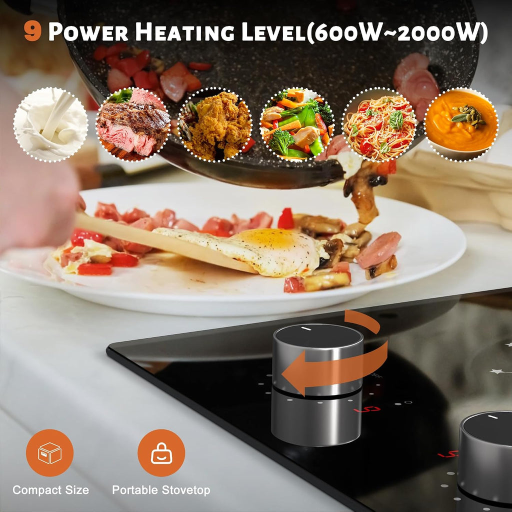 2 Burner Electric Cooktop - 12 Inch Electric Stove Built-in & Countertop, 120V Portable Two Burners Electrical Stovetop with Knob Control, Over Heat Protection, 9 Power Level, 110V Plug in