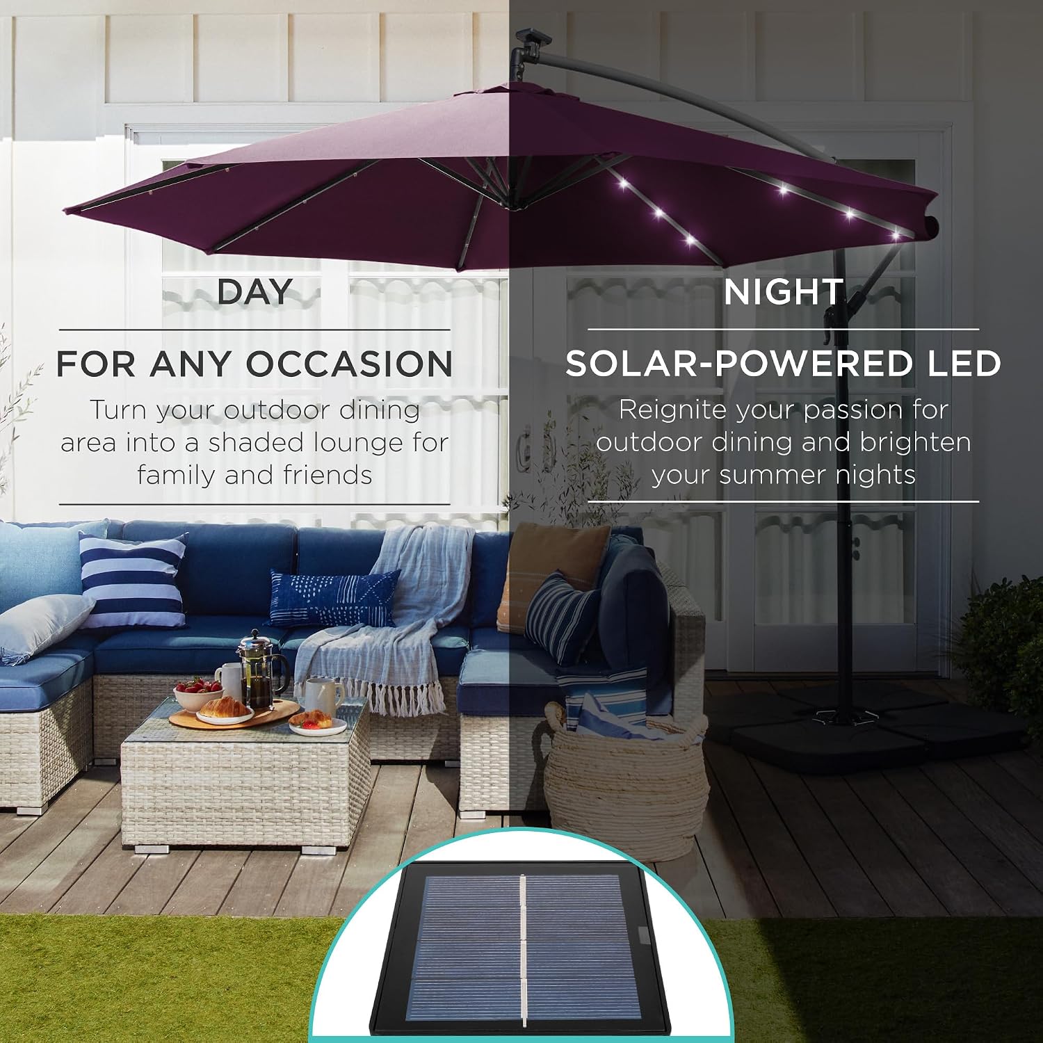 Best Choice Products 10ft Solar LED Offset Cantilever Hanging Market Patio Umbrella, 8 Sturdy Ribs, Easy Adjustment - Amethyst Purple