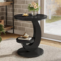 Tribesigns Round End Table, 2 Tiers Side Table with Storage Shelf, Sofa Side Bedside Nightstand with Wood Metal Arc-Shaped Frame for Small Spaces, Living Room, Bedroom, Easy to Assemble, Black (1PCS)