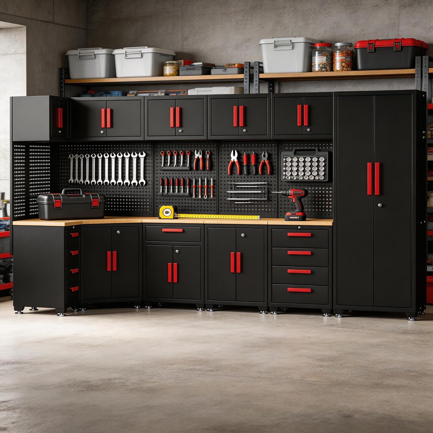 18-Piece Corner Garage Storage Cabinet System - Heavy Duty Workshop Set w/Corner Cabinet Includes Workbench, Pegboard & Lockable Drawers | Metal Tool Organization System for Garage/Workshop