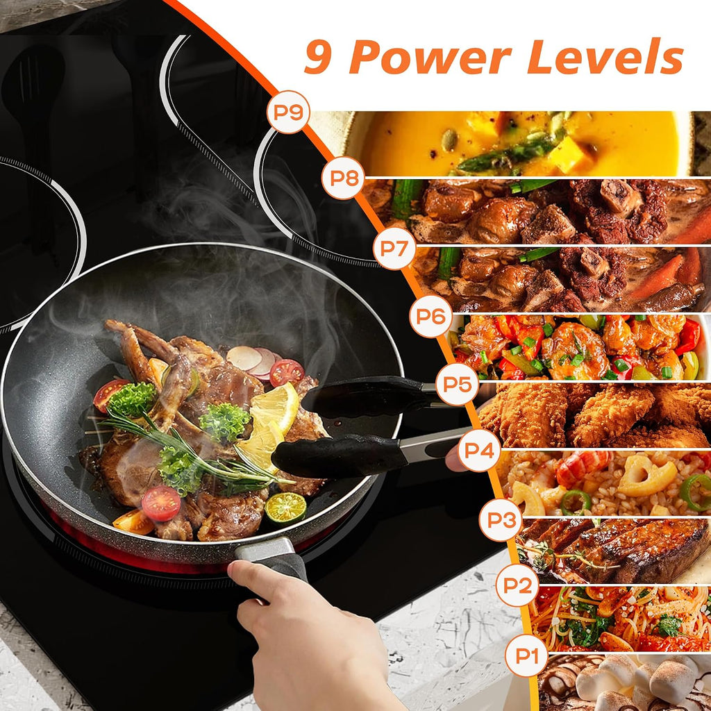 30 Inch Electric Cooktop, 5 Burner 8400W Built-in Electric Stovetop, Ceramic Cooktop with Expanded Zone, Slide Touch Control, Timer, Child Safety Lock, Pause, 220V - 240V Hard Wire, No Plug