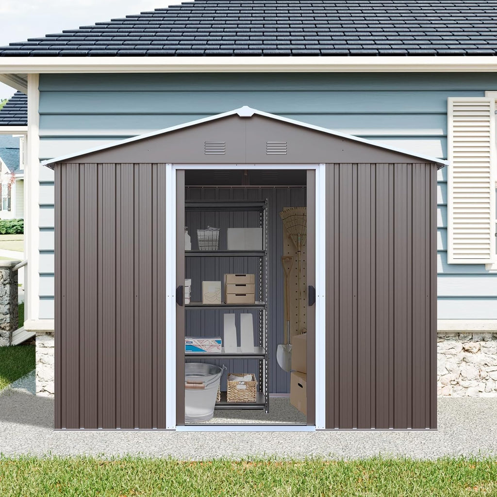 8 x 4 FT Outdoor Storage Shed, Metal Garden Shed with Floor Frame, Tool Shed Outdoor Storage with Lockable Sliding Doors & Window & Air Vents, Storage House Waterproof for Backyard, Lawn, Gray