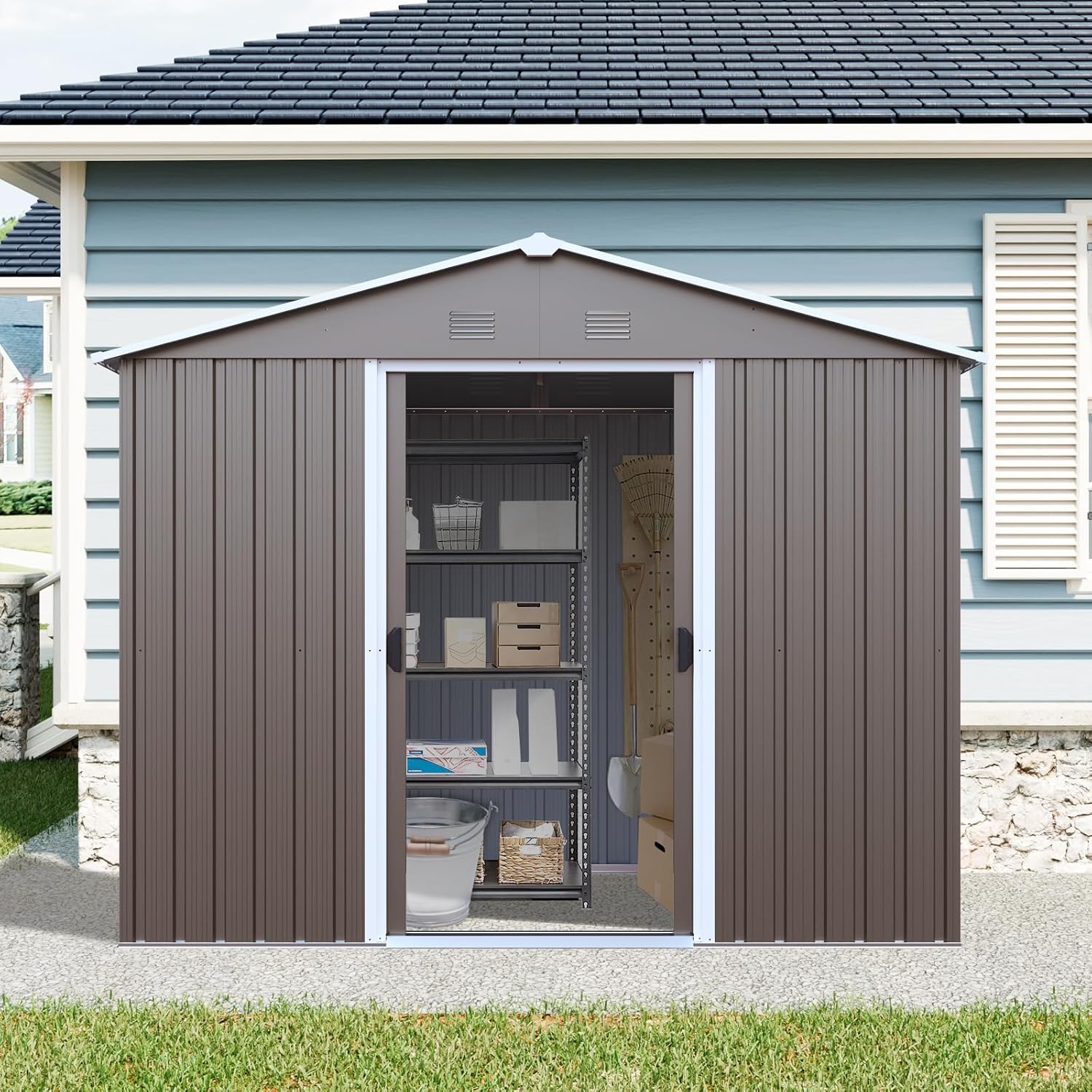 8 x 4 FT Outdoor Storage Shed, Metal Garden Shed with Floor Frame, Tool Shed Outdoor Storage with Lockable Sliding Doors & Window & Air Vents, Storage House Waterproof for Backyard, Lawn, Gray