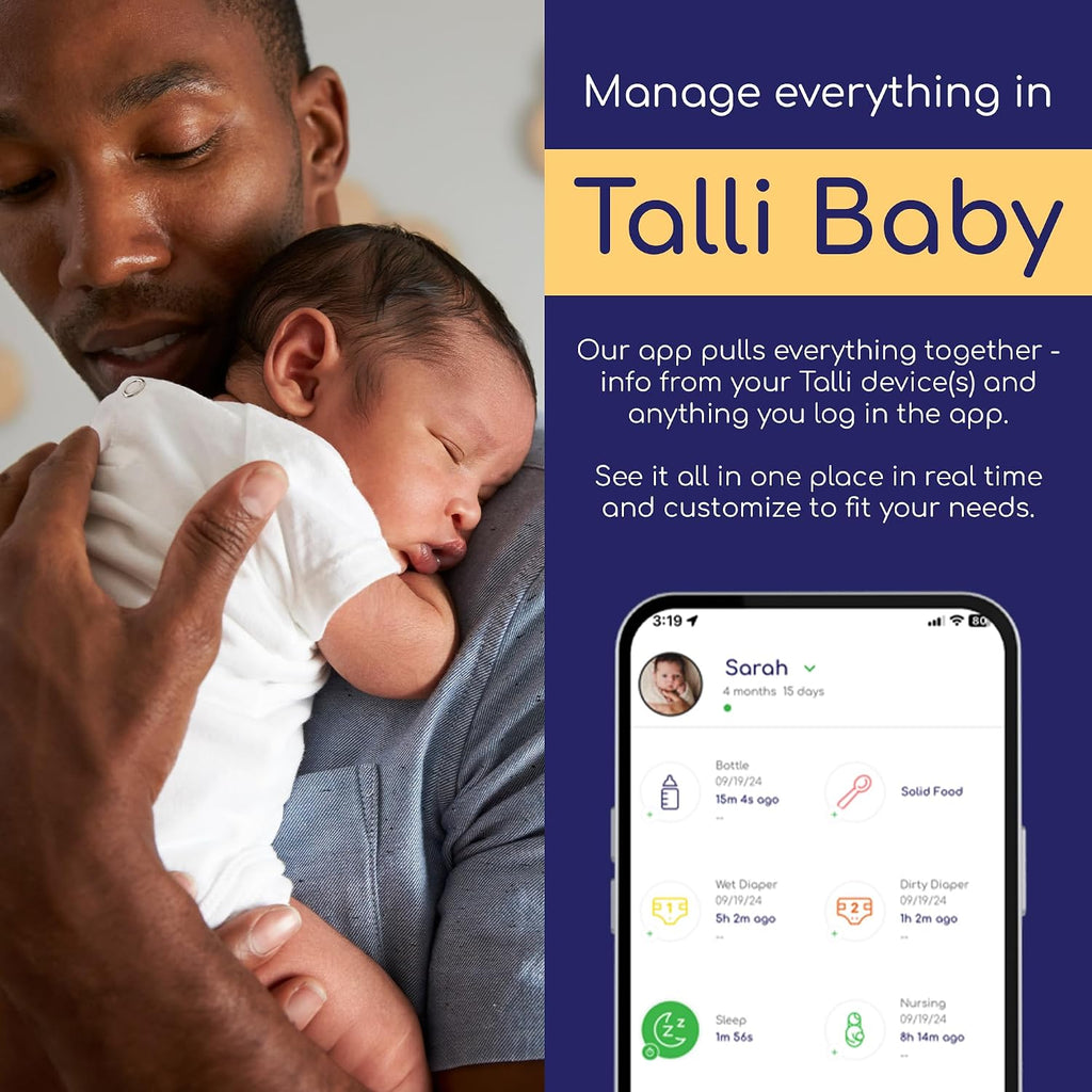 Talli Daily One-Touch Baby Tracker - Baby Monitor to Log Feedings, Diapers, Sleep & More - Electronic Journal Links to Mobile App for Real-Time Baby Monitoring & Tracking - Alexa Compatible
