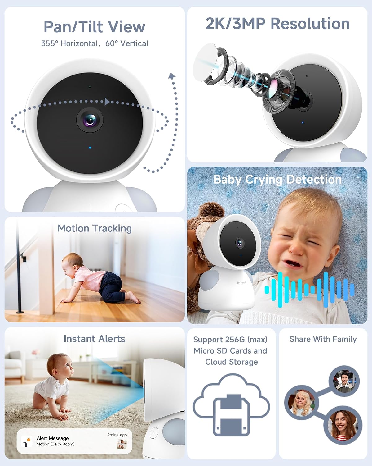 ARENTI Baby Monitor with 2 Cameras, 2K/3MP WiFi 6 Camera and Audio, 5-inch Wireless Screen, Smartphone App, Super Night Vision, Crying Detection, Auto Tracking, Temp&Humidity Sensor (D3 Set)