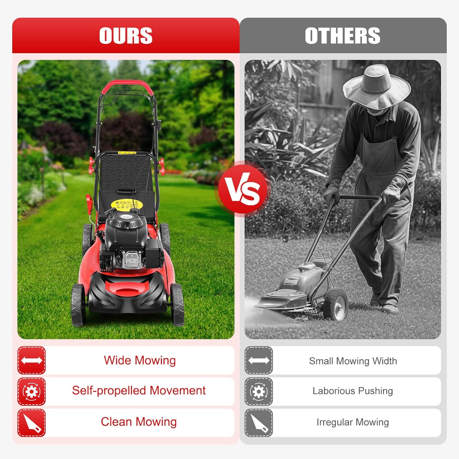 20-Inch Self-Propelled Gas Lawn Mower - 140cc 4-Stroke Engine, 3-in-1 Rear Bag/Mulch/Side Discharge, 8-Position Height Adjustment, 60L Grass Bag, Ideal for Lawn Weeding