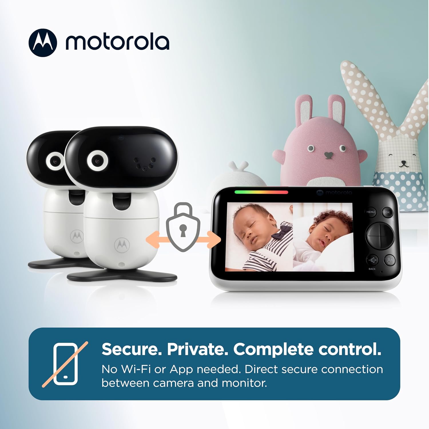 Motorola Nursery Video Baby Monitor with 2 Cameras, 5' Screen HD PIP1610, No WiFi, Wall Mount, Long Range, 2-Way Audio, Temperature Sensor, Motorized, Lullabies, PIP1610-2