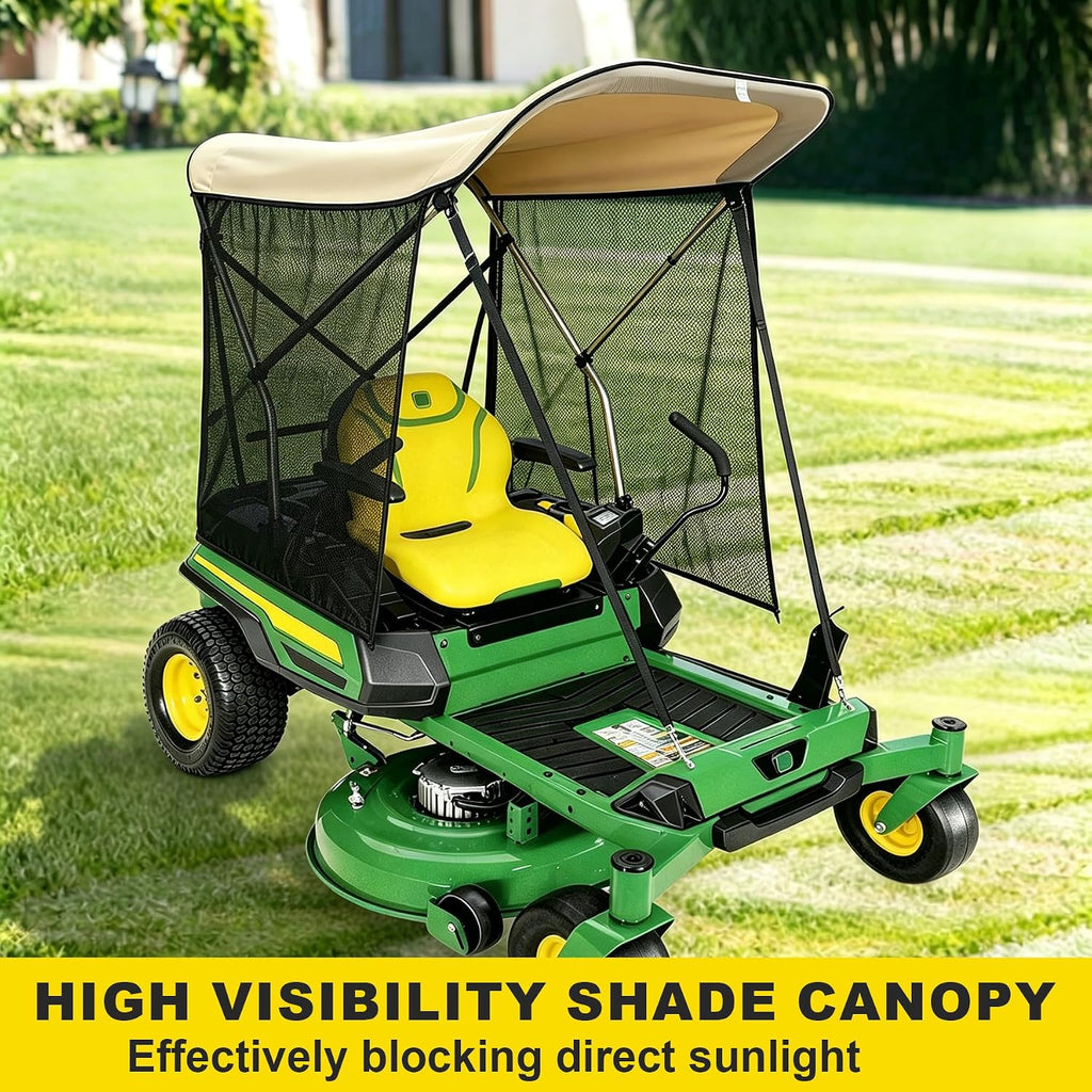Zero Turn Lawn Mower Canopy with Removable High-Visibility UV Sunshade Curtain, Heavy Duty Beige Sun Shade & Rainproof Cover, 67 Inch Adjustable Nylon Strap Aluminum Alloy Bracket-with Curtain