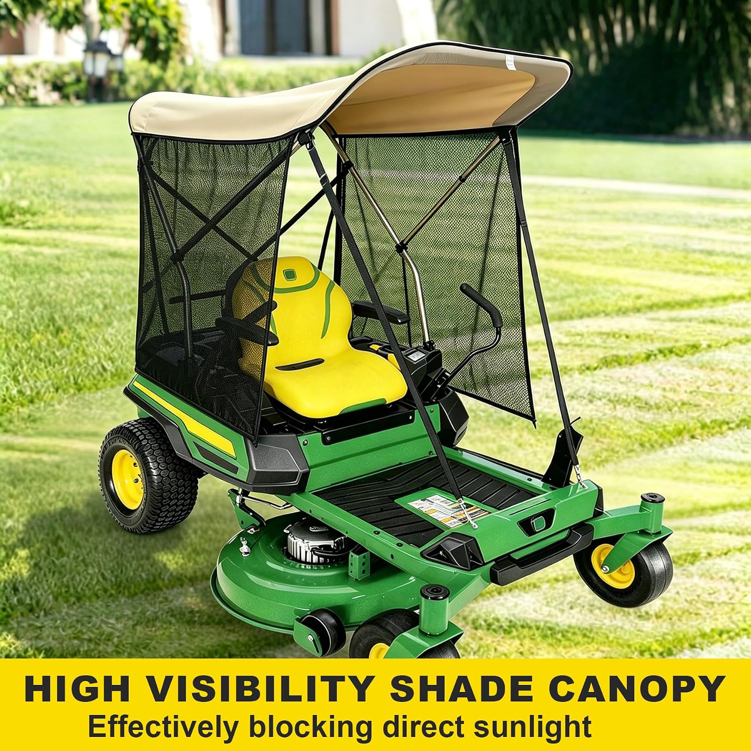 Zero Turn Lawn Mower Canopy with Removable High-Visibility UV Sunshade Curtain, Heavy Duty Beige Sun Shade & Rainproof Cover, 67 Inch Adjustable Nylon Strap Aluminum Alloy Bracket-with Curtain