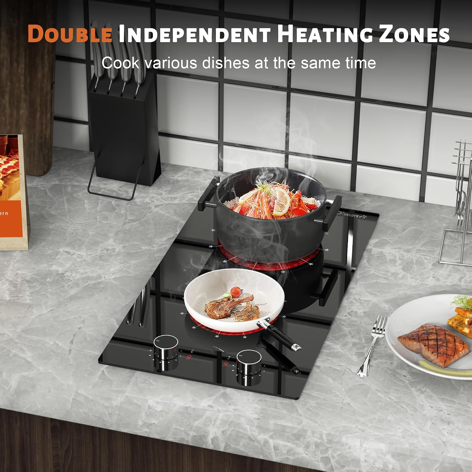 2 Burner Electric Cooktop - 12 Inch Electric Stove Built-in & Countertop, 120V Portable Two Burners Electrical Stovetop with Knob Control, Over Heat Protection, 9 Power Level, 110V Plug in