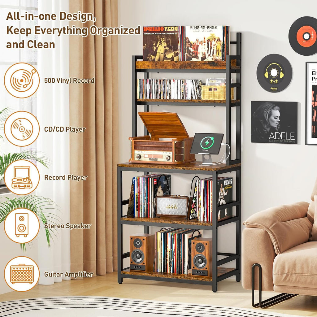 Record Player Stand with Vinyl Storage, 5-Tier Turntable Stand Holds Up 500+ Albums, Large Record Player Table with Charge Station & CD/DVD Storage Rack, Vinyl Record Stand for Living Room, Bedroom