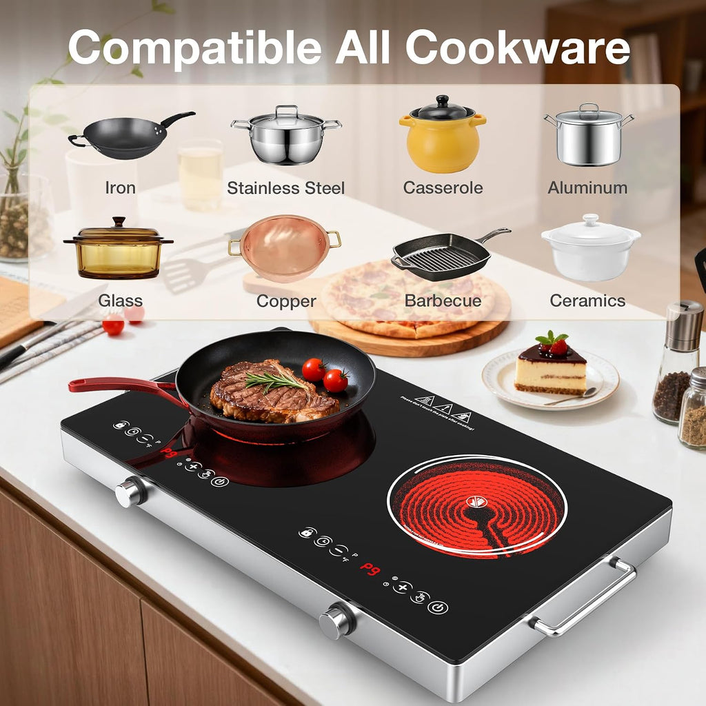 2 Burner Electric Cooktop 110V, 4000W Portable Electric Stove Infrared Hot Plate, 24 inch Countertop Burners with Handle, 3-Hours Timing Setting & Kid Safety Lock, Compatible for All Cookwares