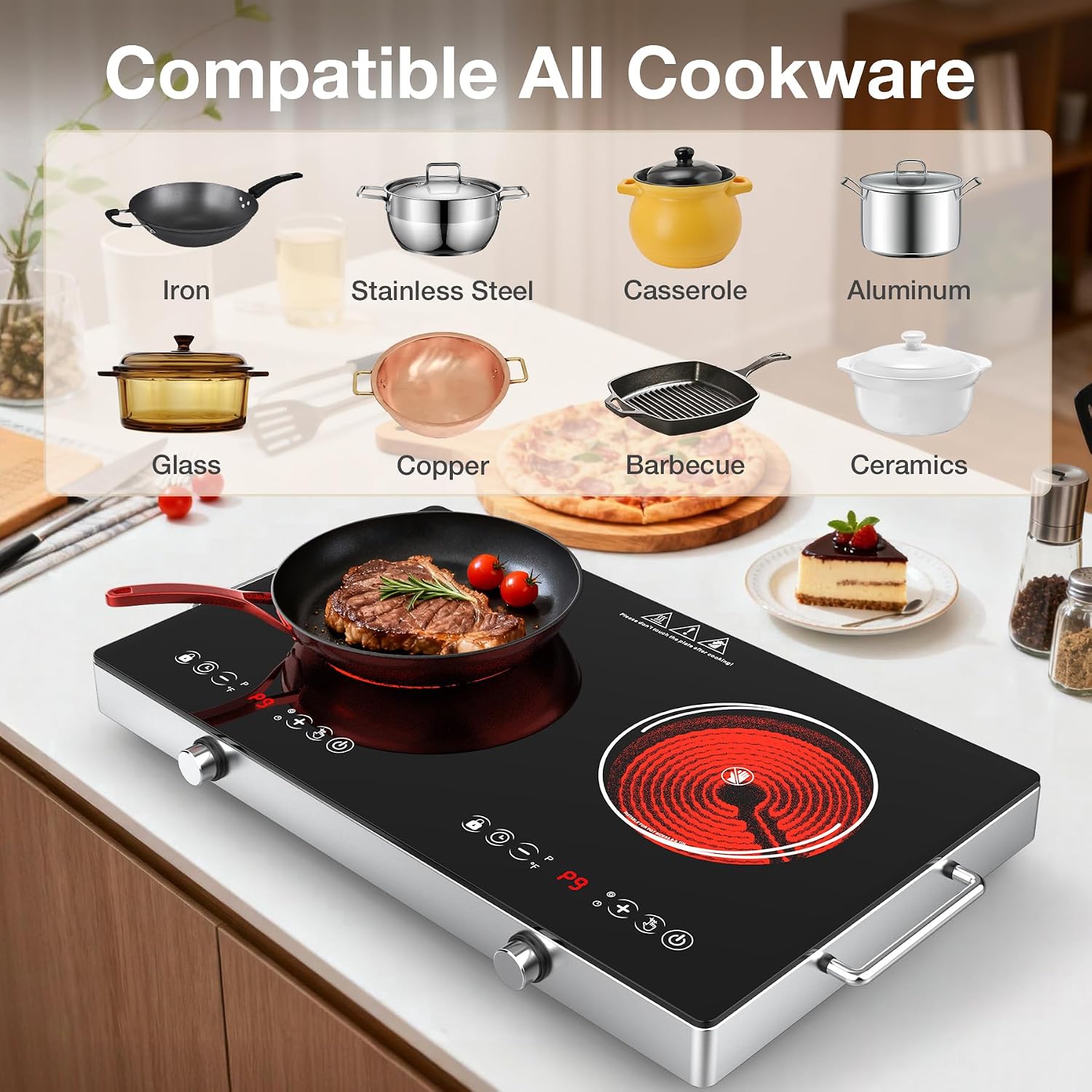 2 Burner Electric Cooktop 110V, 4000W Portable Electric Stove Infrared Hot Plate, 24 inch Countertop Burners with Handle, 3-Hours Timing Setting & Kid Safety Lock, Compatible for All Cookwares