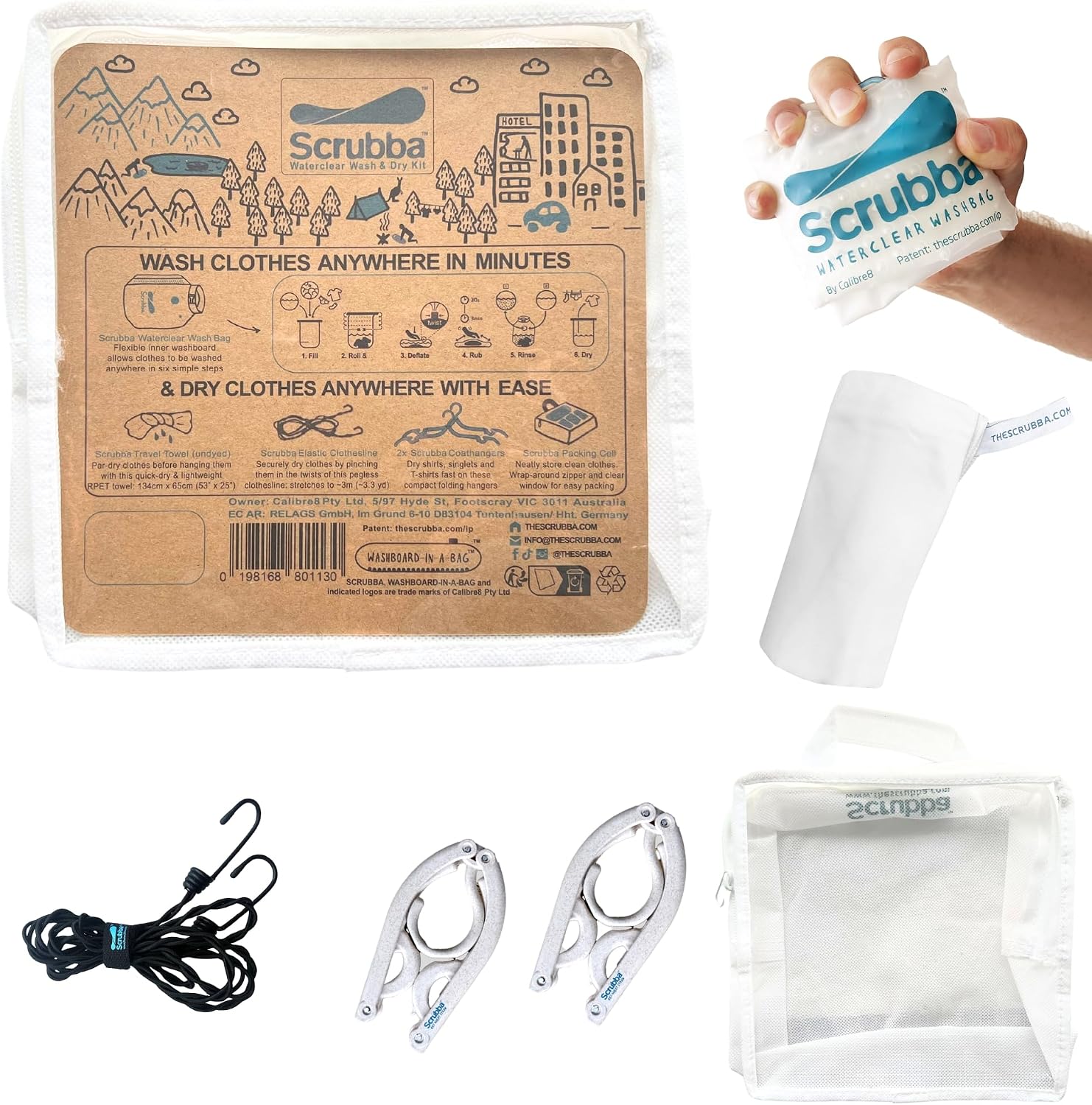 Scrubba WATERCLEAR Wash Bag & Dry Kit - Portable Washing Machine System with XL Towel, Pegless Line & Hangers - Lightweight Laundry Essentials for Camping, Hiking, Hostels & Hotels - Easy-Rinse Inlet