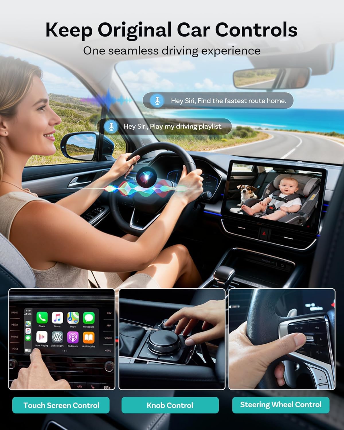OTTOCAST Cabin Care Adapter 2026,2-in-1 Baby Car Camera & Wireless CarPlay Adapter-No Extra Screen Needed,1080P Car Baby Monitor for No-Glow Night Vision,150°Wide Angle,Plug&Play(No Android Support)